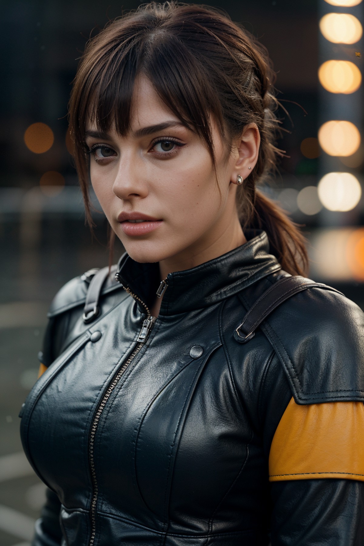 blunt bangs,hair tied back, (tacticool leather:1.1), busty, neon lighting, bokeh, rainfall in the midground, looking at ca...