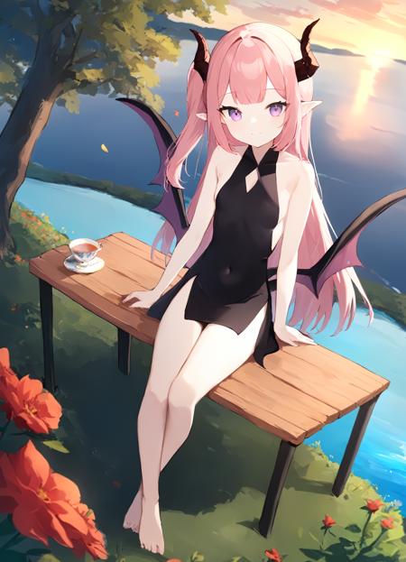 1girl,
 wings, tail, dragon tail, solo, wings, dragon horns, long hair, pointy ears, side up, dragon wings, cup, pink hair, purple eyes, sitting, bench, crossed legs, flower, teacup, looking at viewer, red flower, black dress, one side up, small breasts, breasts, feet out of frame, table, covered navel, sideboob, bare shoulders, bangs, sleeveless dress, cloudy sky, river, forest, tree, sunset, from side, from above, expressionless, smile,
masterpiece, best quality, absurdres, recent, newest, safe, sensitive