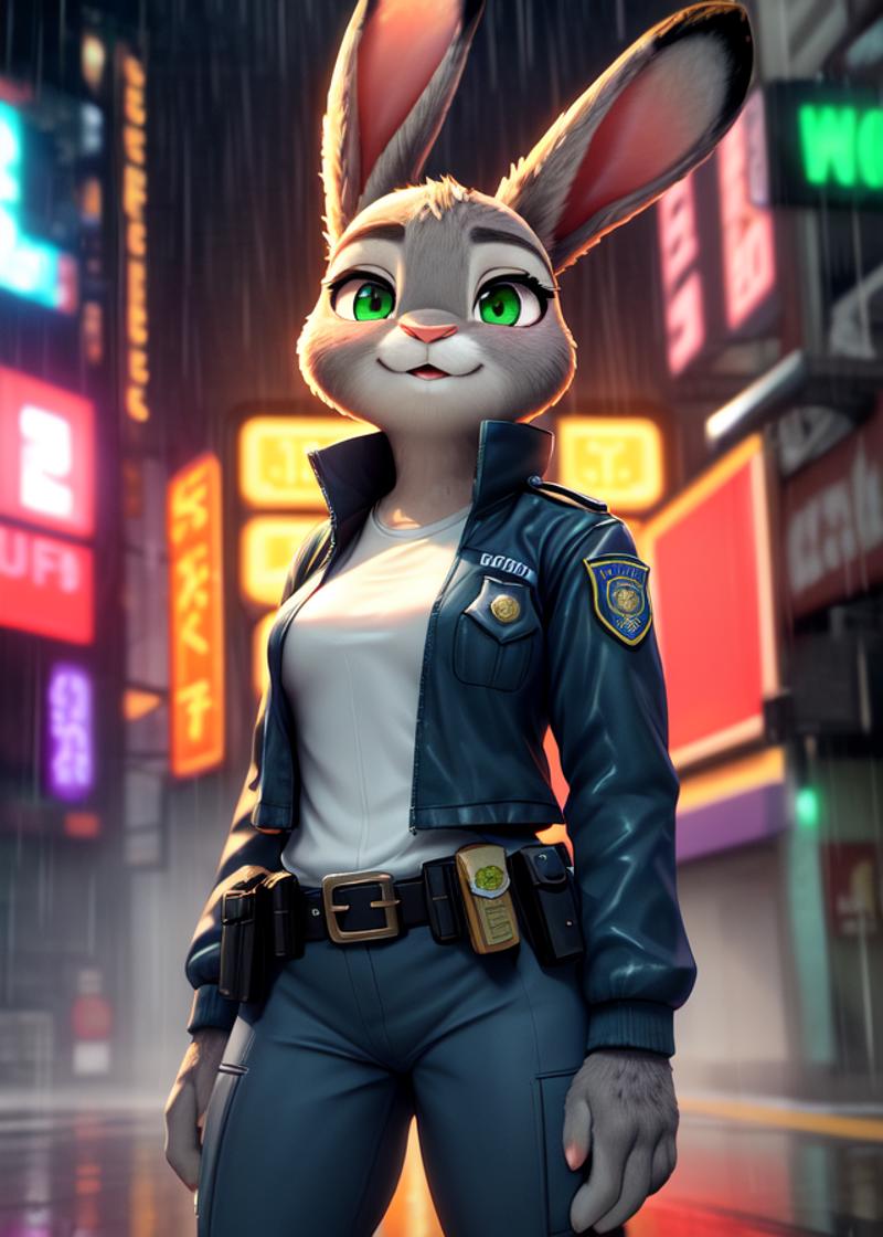 An animated female character in a police outfit and a rabbit-like face.