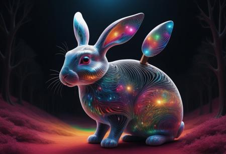 (masterpiece, high-quality, highly-detailed, detailed eyes), A one grossly rabbit stuffed made out of fractangles neighborhood Newton's Apple Tree, receiving sparkle meteorlight 🌠🌠🌠 neutron-gravity, streaming ☄️☄️☄️ reptonic Fractangles, quantam photon sign💫💫💫 these glue on starry sky🌌🌌🌌 future high-tech phantasy Fractangles atmosphere, outdoors, wide shot.