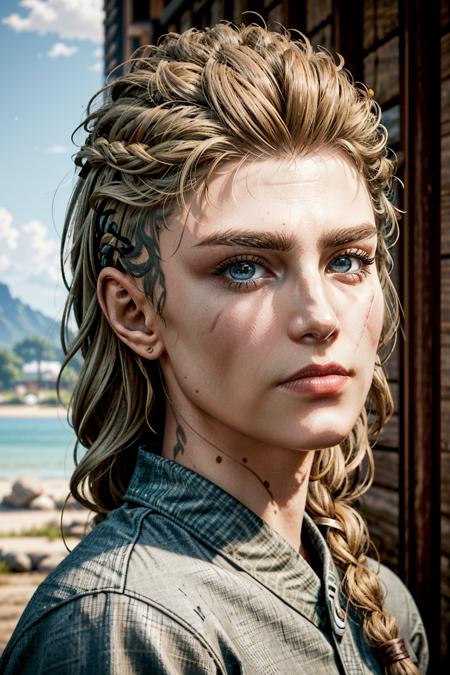 (masterpiece, best quality)
EivorWAssa, solo, long hair, looking at viewer, blue eyes, blonde hair, brown hair, shirt, closed mouth, 1girl, green eyes, upper body, braid, parted lips, single braid, scar, portrait, scar on face, realistic, scar across eye
<lora:epi_noiseoffset2:1>  <lora:add_detail:0.7>   <lora:EivorWAssa:0.9>