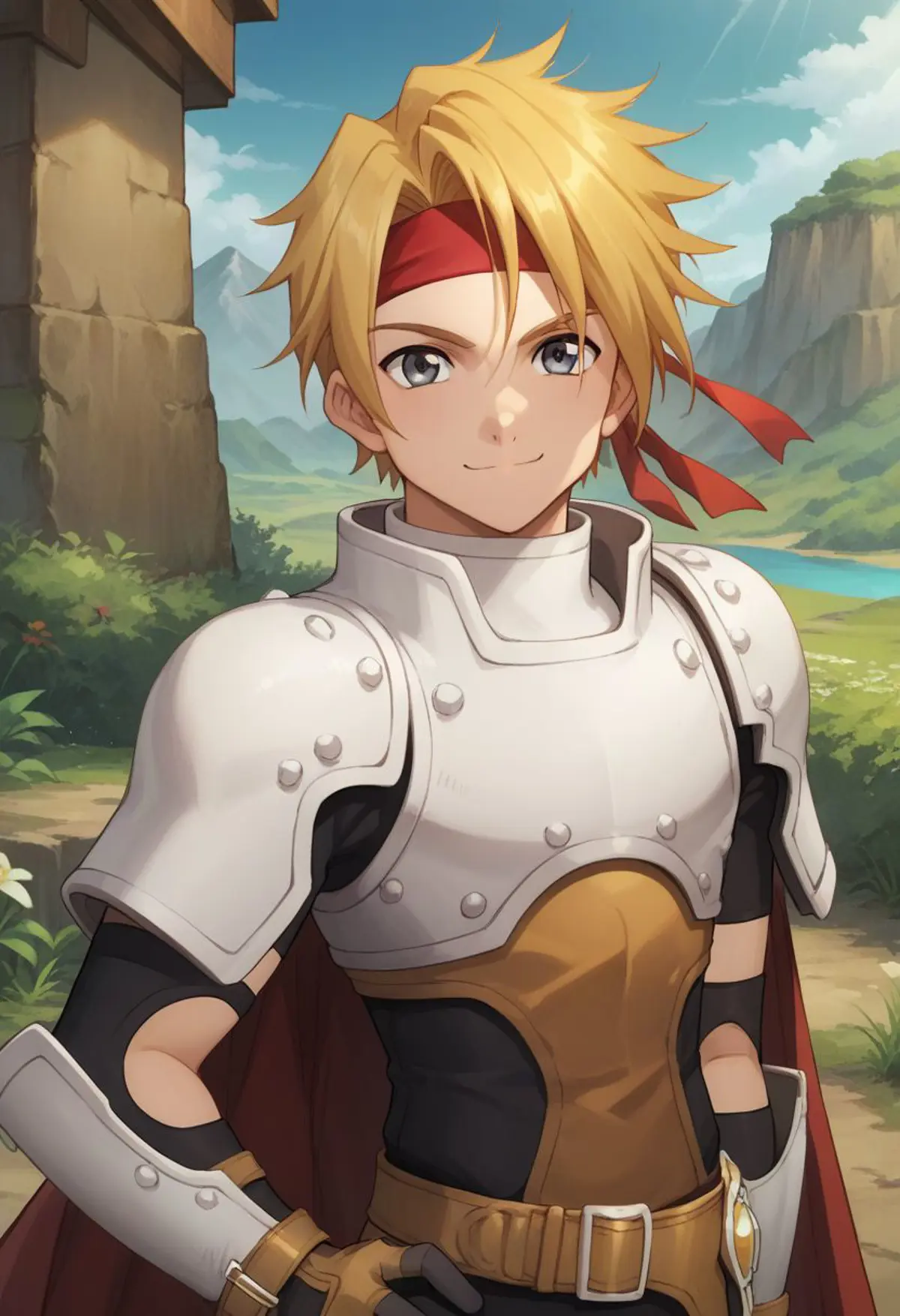 A young man dressed in armor with a red headband, standing confidently with a soft smile. The armor is predominantly silver with brown leather parts. In the background, there are ruins and verdant river valley under a clear sky.