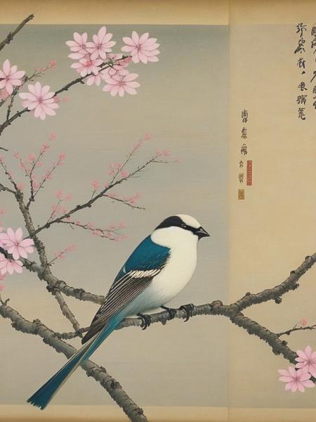 <lyco:OharaKoson:1.0> In the style of Ohara Koson, create a delicate and detailed representation of nature. Center your artwork around a bird, perhaps a sparrow or a crane, perched on a branch in the midst of cherry blossoms. Pay close attention to the bird's plumage, recreating every feather with meticulous detail to convey its elegance and grace.