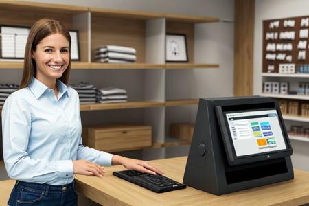 one female caucasic smiling, 30 years old, clothing shop, wearing shirt, wood and white glass walls, standing behind desk, hyperrealistic, (estabilishing shot:1.5), sharpen image, no extra fingers, digital touchscreen cash register, high resolution, looking at viewer, hand with five fingers, realistic face,