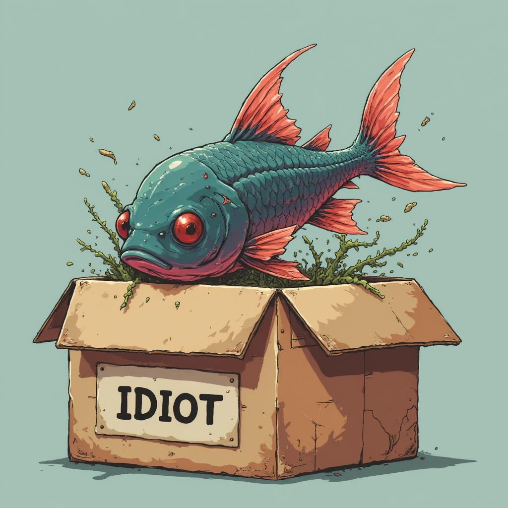 A cybergore fish swimming in a cardboard box. The front of the box has a label with text that reads "IDIOT".<lora:cybergore.safetensors:0.3:1.0>