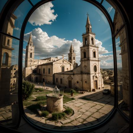 documentary photo of the Cathedral of Matera (church) with its bell tower, a small church on top of a hill, clouds in the sky, inside a square glass jar with lid, placed on the windowsill, extremely detailed, 8K, apocalyptic punk style, miniatures, macro photography in close-up