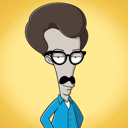 Advertising poster style a cartoon character with grey skin, wears a brown wig, moustache and glasses <lora:Rodger1024:0.9> . Professional, modern, product-focused, commercial, eye-catching, highly detailed