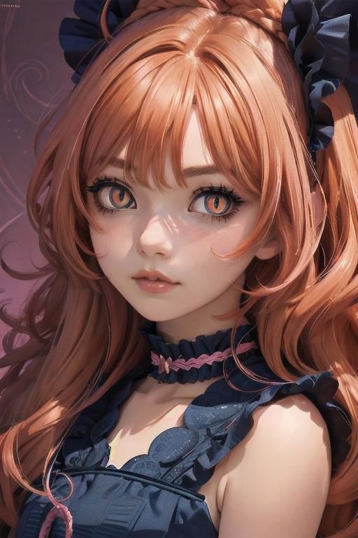 a portrait of a beautiful kawaii anime girl with shocking neon electric pink and orange curly mop of hair. large detailed ...