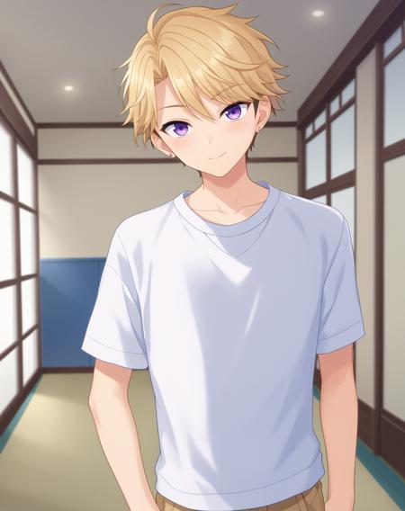 narukami_arashi_pony, blonde hair, purple eyes, short hair,