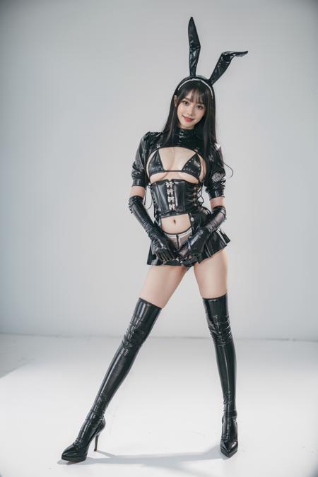 latex costume, cropped jacket, corset, skirt, see-through skirt, navel, latex gloves, elbow gloves, latex bra, thigh boots, latex thighhighs, high heels, rabbit ears