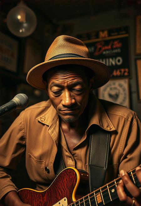 A high-resolution stock photo of Robert Johnson in a gritty Alabama bar, showcasing a charismatic lone lady with a sad ending. The image uses a muted color palette of browns and beiges, a deconstructed portrait style with layered textures, and a dynamic composition.