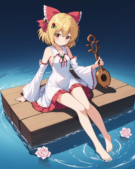 satsuki rin,1girl, solo, sitting, red_rose, instrument, detached_sleeves, hair_ornament, looking_at_viewer, hair_bow, water, red_bow, holding, single_shoe, wide_sleeves, pink_dress, white_rose, barefoot, bare_shoulders, medium_breasts, white_dress, closed_mouth, cleavage, red_ribbon, long_sleeves, bare_legs, bird, full_body
<lora:satsuki_rin_image186_2023-12-11:1>,star-shaped_pupils,symbol-shaped_pupils,. gorgeous,key visual, vibrant, studio anime,award-winning, professional, highly detailed,high budget, cinemascope