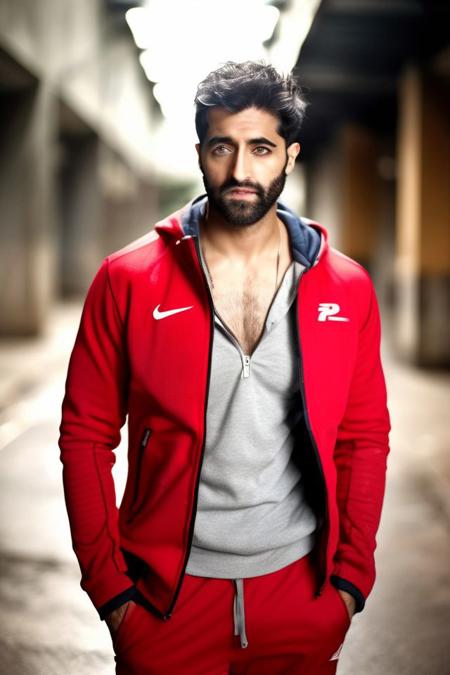 Thomas Middleditch a man <lora:akshay-oberoi_Thomas-Middleditch:1>, realistic photo in a worn ((red tracksuit, massive hairy pecs)), ((light bokeh)), intricate, (steel metal [rust]), elegant, erotic, exuding sexual energy, sharp focus, photo by greg rutkowski, soft lighting, vibrant colors, (masterpiece), ((streets)), (detailed face), looking at viewer, light smile, night, walking towards viewer, cinematic lighting, beautiful lighting, cinematic lighting, (hazy filter, film grain:1.2)