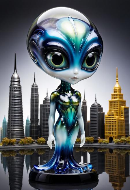 murano_glass_style
. Alien with Reflective Eyes
- **Prompt**: "A close-up of an alien with large, expressive eyes reflecting a bustling, futuristic cityscape. The alien's features are whimsical and fantastical, blending the epic scope of George Lucas's worlds with Tim Burton's unique style."
- **Refinement**: "Add more detail to the cityscape reflections, including flying cars, tall skyscrapers, and colorful lights to enhance the surreal, otherworldly atmosphere."