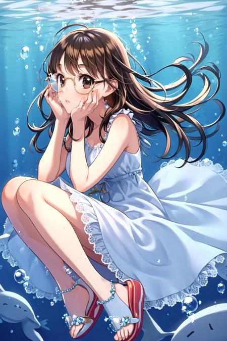 <lora:morikura2:1>1girl, solo, dress, bubble, underwater, sandals, book, glasses, long hair, brown hair, hands on own face, air bubble, shoes, slippers, sandals removed, brown eyes