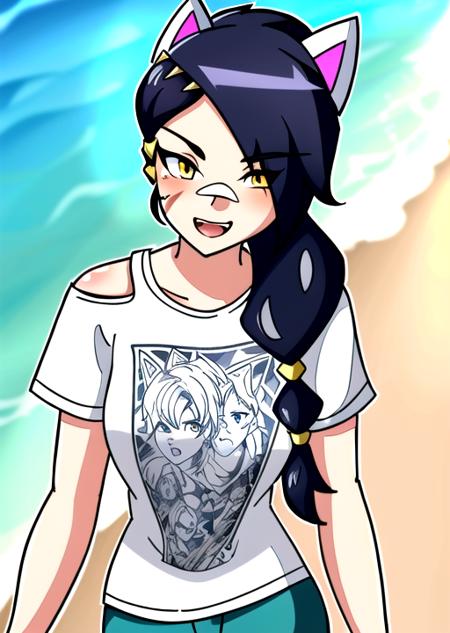 1girl, solo, long hair, looking at viewer, black hair, bandaid on face, yellow eyes, animal ears, smile, bandaid on nose, braid, cat ears, bandaid, bangs, breasts, fake animal ears, open mouth, fang, , bare shoulders, scar, teeth, shirt, bare shoulders, white shirt, short sleeves, closed mouth, t-shirt, hair over one eye, portrait, hair over shoulder, shorts,beach,sun,sandals, breast,<lora:Erisafortnite-09:1>