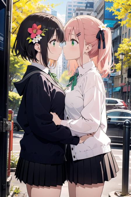 (2girls:1.2), (masterpice:1.2), highres, outdoors, (yuri:1.3), (kiss:1.2), cowboy shot, school, ADDCOMM
(1girl,  pink hair, medium hair,hair ornament, hair flower, green eyes,school uniform, black skirt, miniskirt, pleated skirt, black jacket, white shirt,collared shirt, long sleeves, neck ribbon,ribbon, thighs, large breasts) BREAK
(1girl, 
karane_wz,vblonde hair, twintails, long hair, hair ribborn, hair ornament, green eyes,v-shaped eyebrows, green ribbon, pleated skirt,miniskirt, black skirt, white shirt, collared shirt, long sleeves, wing collar, brown cardigan),  (2girls:1.2), (masterpiece:1.3), (high resolution), (8K), (extremely detailed), (4k), (pixiv), perfect face, nice eyes and face, (best quality), (super detailed), detailed face and eyes, textured skin, absurdres, highres