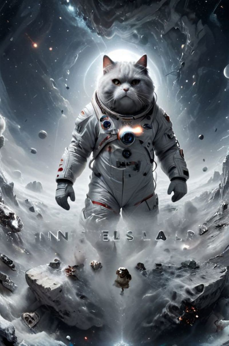 A cat astronaut in a space suit with a laser gun.
