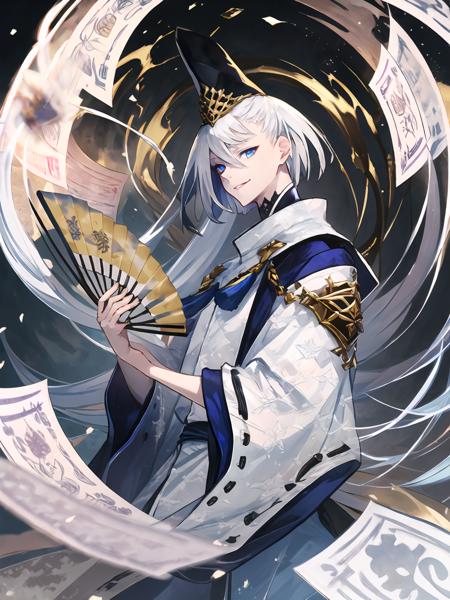 masterpiece,best quality,highres,cinematic lighting,dramatic angle,1boy,<lora:ShadowverseKuonV1-000025:0.8>,white hair,short hair,blue eyes,tate eboshi,blue headwear,white dress,clothing cutout,ribbon,ofuda,holding ofuda,tassel,looking at viewer,shushing,glowing eyes,evil smile,shaded face,parted lips,onmyouji,magic,wide sleeves,kariginu,shikigami,folding fan,hand fan,holding