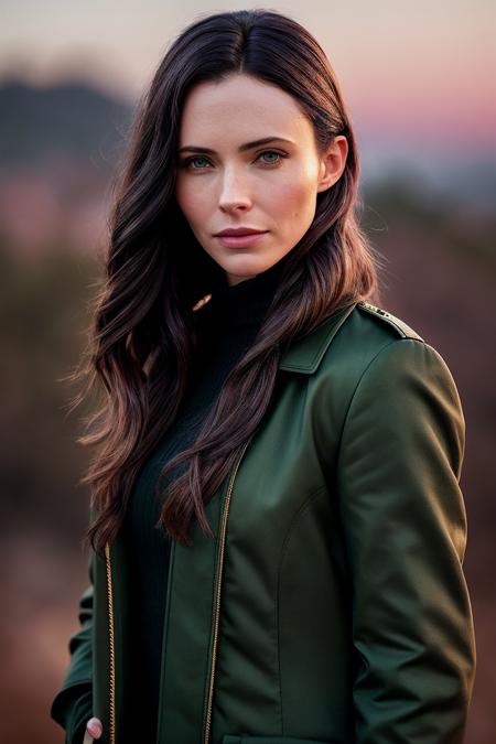 perfect cinematic shoot of a beautiful woman (EP3l1z4b3thTull0ch:.99), a woman standing at a forest edge, perfect high ponytail, wearing sexy green (coat), (blood moon in background:1.2), (detailed background:1.1), (face focus), modelshoot style, (extremely detailed CG unity 8k wallpaper), professional majestic (photography by Roberto Ferri:1.1), 24mm, exposure blend, hdr, extremely intricate, High (Detail:1.1), dramatic, soft cinematic light, (looking at viewer), (detailed pupils),8k, highly detailed, rich environment, 4k textures, soft cinematic light, elegant, ((((cinematic look)))), soothing tones, insane details, hyperdetailed, ("In Jernau we trust!":1.1)