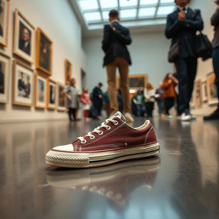 an art exhibition in which a tennis shoe is being displayed as a work of art, the tennis shoe is on the floor, and the public, which is rich, is around it