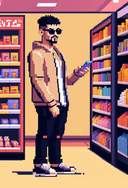 pixel-art badbunny a man working in a store,  <lora:badbunny:0.5>  . low-res, blocky, pixel art style, 8-bit graphics