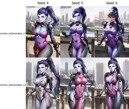 best quality, 1girl, perfect eyes, hair pulled back, disdain, standing, bodysuit, city background, corneo_widowmaker_v1