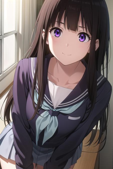 eruchitanda, <lora:eru chitanda s1-lora-nochekaiser:1>,
eru chitanda, long hair, black hair, bangs, blunt bangs, (purple eyes:1.1), sidelocks, smile,
BREAK skirt, school uniform, serafuku, kamiyama high school uniform \(hyouka\), black skirt, long sleeves, black sailor collar,
BREAK indoors, classroom,
BREAK looking at viewer, (cowboy shot:1.5),
BREAK <lyco:GoodHands-beta2:1>, (masterpiece:1.2), best quality, high resolution, unity 8k wallpaper, (illustration:0.8), (beautiful detailed eyes:1.6), extremely detailed face, perfect lighting, extremely detailed CG, (perfect hands, perfect anatomy),