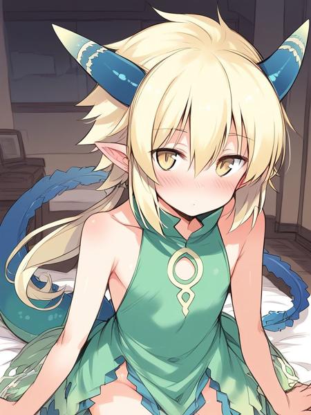 Corlal, blonde hair, pointy ears, yellow eyes, horns, tail, long hair, dragon tail, flat chest, hair between eyes, low-tied long hair,