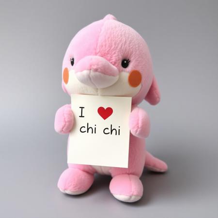 A pink dolphin plushie holding a paper, with the text "I love chi chi" on the paper