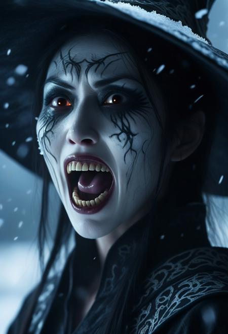 A cinematic extreme close-up of assassinmihq reimagined as a terrifying japanese witch. Her mouth is wide open in a menacing scream, revealing sharp, jagged teeth, as poison Cloud breath escapes into the eerie air. Her translucent skin glows faintly, as if made of magic, with intricate patterns glistening across her face. Her wide, glowing eyes exude both beauty and terror, contrasting with the eerie perfection of her Ethereal form. Backlighting creates a dramatic, atmospheric glow, illuminating the snowflakes swirling in the air and emphasizing the sharp edges of her charming visage. The scene is chilling, intense, and hauntingly beautiful.
