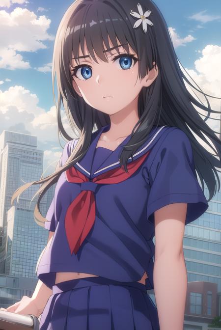 satenruiko, <lora:ruiko saten s3-lora-nochekaiser:1>, 
saten ruiko, black hair, blue eyes, long hair, hair ornament, flower ornament,
BREAK blue skirt, pleated skirt, sakugawa school uniform, school uniform, serafuku, skirt, summer uniform,
BREAK outdoor, city, sky, sun, clouds,
BREAK looking at viewer, (cowboy shot:1.5),
BREAK <lyco:GoodHands-beta2:1>, (masterpiece:1.2), best quality, high resolution, unity 8k wallpaper, (illustration:0.8), (beautiful detailed eyes:1.6), extremely detailed face, perfect lighting, extremely detailed CG, (perfect hands, perfect anatomy),