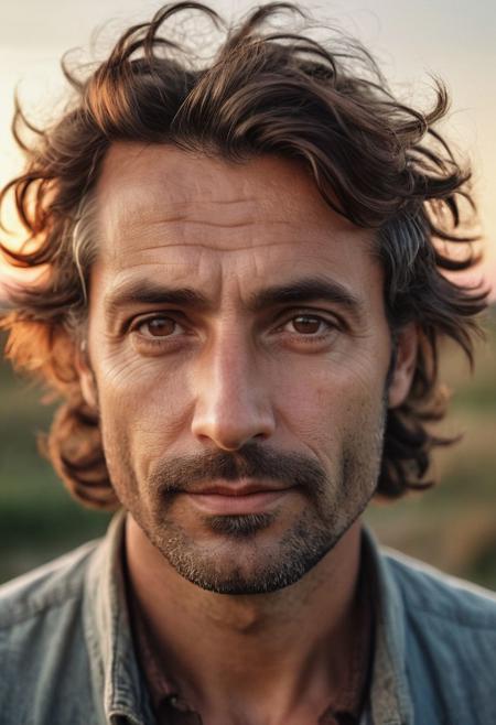 Stunning analogue photo of a beautiful 38 years old Dutch man, handsome, big brown eyes, thick eyebrows, brown hair, messy hair, thick lips, pleasant face and expression, short beard, a view patches of gray hair in beard, Rembrandt style light, sunset, beautiful sky, incredibly realistic, hyperrealism