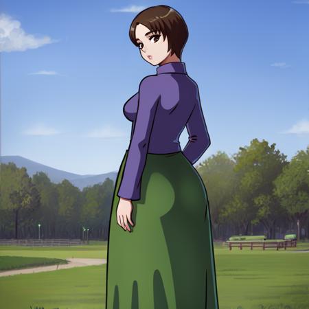 haruka_hikari, mature female, brown hair, brown eyes, short hair, green skirt, long skirt, purple shirt, long sleeves