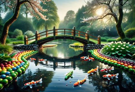 lazypos, Taste the Rainbow, [Skittles Theme], 
serenity theme, nature fantasy, watercolor aesthetic, soft lighting, dreamlike mood
A tranquil Koi pond made of skittles nestled within a lush, hidden garden at twilight. Crystal-clear water ripples gently as vibrant koi fish made of skittles with shimmering hues of orange, white, and gold, glide beneath the surface. Floating lily pads and blooming Skittles lotus flowers drift across the pond, their petals glowing softly in the fading light. Bioluminescent fireflies dance in the humid air, casting delicate reflections on the water. Moss-covered stones form a natural border, with arching willows and flowering trees leaning protectively overhead. The ambient light is warm and diffused, evoking a sense of deep calm and wonder. In the distance, a small wooden bridge curves gracefully over the pond, partially obscured by gentle mist. The entire scene feels like a living watercolor painting, bathed in soft lighting and imbued with an ethereal, dreamlike atmosphere.