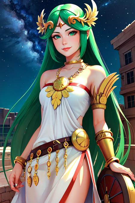 Highly detailed, High Quality, Masterpiece, beautiful, Palutena, <lora:Palutena:0.8>, 1girl, solo, green hair, mature female, smirk, cowboy shot, night, night sky, tree, looking to the sky