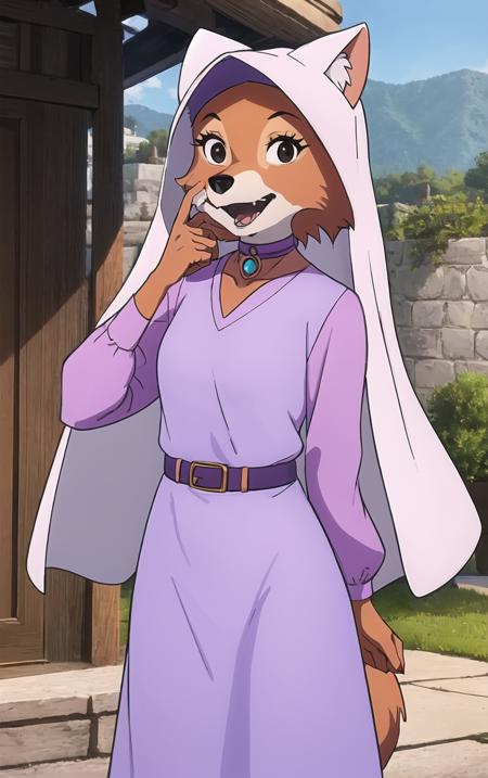 CARTOON_MaidMarian_ownwaifu,
1girl, furry, furry female, animal ears, black eyes, body fur, snout, two-tone fur, orange fur, animal nose, fangs,  tail,
dress, long sleeves, purple dress, veil, choker, jewelry, brooch, hood up, long dress, belt, gem, puffy sleeves,
<lora:CARTOON_MaidMarian_ownwaifu:0.65>
((masterpiece)),((best quality)),(highres, absurdres), original, official_art, looking at viewer, solo, focused, outdoors, day, cowboy shot,