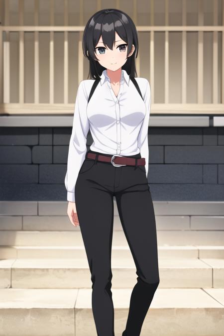 ((masterpiece, best quality)),1girl,standing,indoors,medium breasts,belt, elna stongs, elna, ore dake haireru, belt_buckle, black_hair, black_pants, long_sleeves, looking_at_viewer, outdoors, pants,standing, white_shirt, <lora:elnamix:0.75>