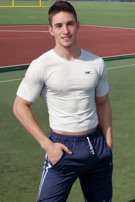 full shot photo of sc_joey  <lora:sc_joey_twink-07:0.5> posing on an athletic field, (wearing an athletic shirt) and track pants, (grin: 0.3)