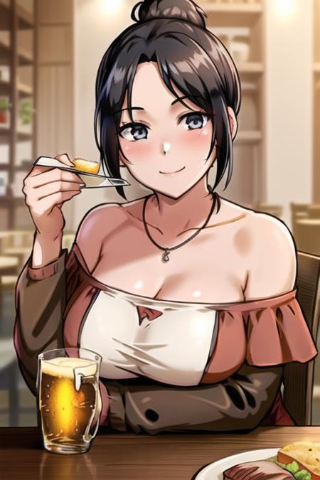 <lora:Wraith_(apex_legends):.6> wraith (apex legends), 1girl, arm support, bare shoulders, beer mug, black hair, blurry, blush, breast rest, breasts, breasts on table, butter, chair, cleavage, collarbone, cup, cupboard, depth of field, dress, flower, food, gravy, head rest, head tilt, indoors, jewelry, large breasts, leaning forward, lettuce, low neckline,  mug, necklace, off-shoulder dress, off shoulder, red dress, restaurant, sitting, smile, solo, spoon, steak, table strapless dress,