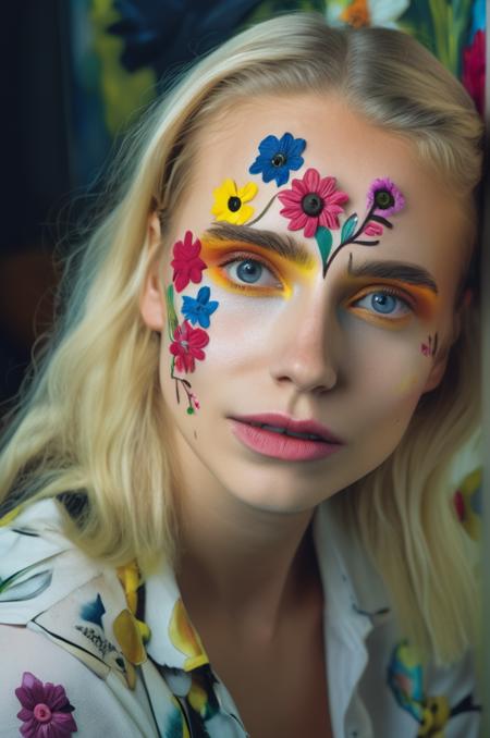 portrait photo of an 20 years old european blonde haired woman sitting in office,  style \(artistic makeup with painted flowers\) , 8k, uhd, realistic, detailed skin, insane detailed, Illumination daylight, <lora:artisticmakeup_bit_winks_yamer:1>