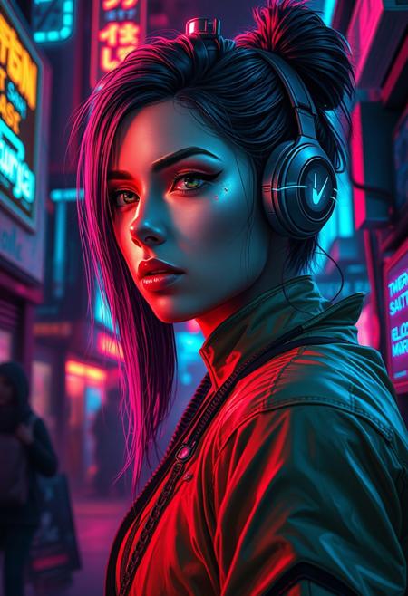 A portrait of a cyberpunk character in a neon-lit urban environment . The scene is detailed and realistic, emphasizing the futuristic, cyberpunk  aesthetic. The setting is immersive, with intricate details like holographic displays