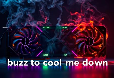 highly detailed, 8k, UHD, score_9, score_8_up, score_7_up, RGB nvidia rtx 4090 graphics card, GPU, smoking, on fire
text that says "buzz to cool me down"