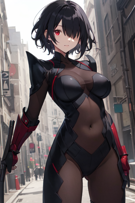 Tachie, 1girl, solo short hair, large breasts, black hair, red eyes, armor, hair over one eye, bodysuit, covered navel, gauntlets, skin tight, bodystocking, 