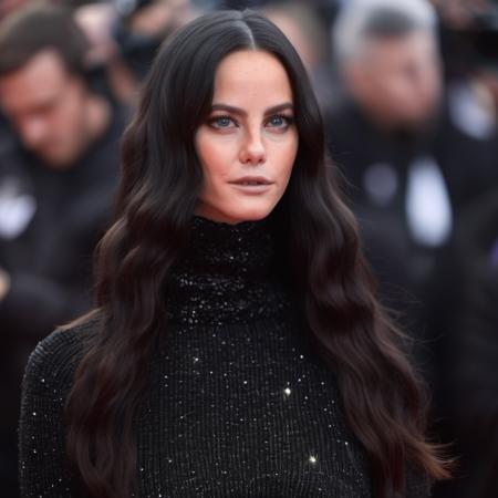 Photo of a woman with shiny long hair on the red carpet wearing a turtleneck sweater, glossy lips, Nikon Z9, realistic matte skin, skin texture visible, (sharp focus), (high quality)