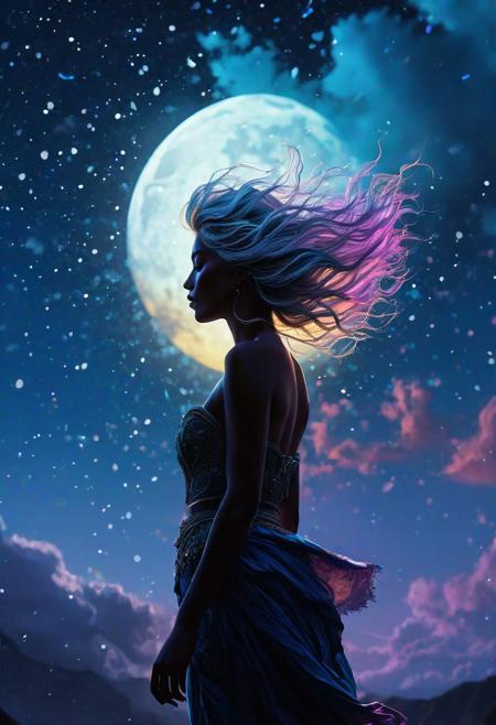abstract style 2girl,(from side),(silhouette:1.2),profile,big hair,masterpiece,best quality,light particle,depth of field,field,scenery,fantasy,indigo light,(far away:1.1),cute girl,midriff,tribal sash,pastel colors, Traveler,yearning to explore the ends of the world to discover its wonders and help its denizens,by Andy Kehoe,(Glowing ambiance, enchanting radiance, luminous lighting, ethereal atmosphere, mesmerizing glow, evocative hues, captivating coloration, dramatic lighting, enchanting aura), ink painting, ((moon:1)), (masterpiece, top quality, best quality, official art, beautiful and aesthetic:1.2), (1girl:1.4), extreme detailed,(joshua middleton comic cover art:1.1), (Action painting:1.2),(concretism:1.2),theater dance scene,(hypermaximalistic:1.5),colorful,highest detailed, ,cloudy sky, night,flying in the sky, floating hair, full body, (masterpiece, best quality, high quality, highres, ultra-detailed),
f feelings, imaginative, highly detailed
 ultra detailed, sharp focus, best quality, masterpiece, colorful, avalanche, (glow:0.4), hands risen, glow from below, messy long white hair, night time, (heavy blizzard:1.6), volumetric lighting, best quality, masterpiece, intricate details oil painting