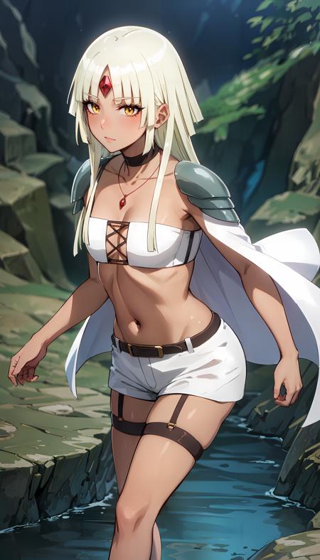 tanned skin long hair blonde hair yellow eyes white top white shorts white cape white gloves shoulder pads choker necklace red gem on forehead black belt leather leg harness