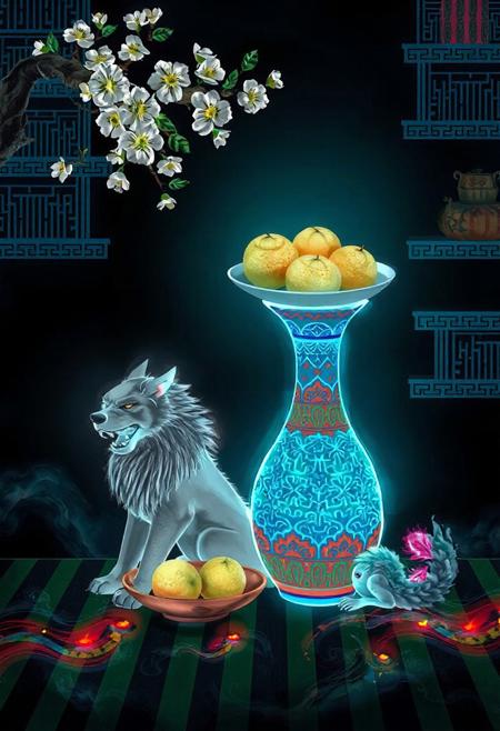JNANX,luminous white silhouette,cyan glow,emerald highlights,flickering outline,dreamlike movement,rippling colors,drifting embers,infinite black background,psychedelic colors,ethereal,futuristic surrealism,gw,glowing,night,night sky,trippy,
 Generate a digital painting of a still life scene inspired by Korean folk art. The central focus should be a tall vase with a complex geometric pattern in blue and red, resting on a surface with green and black stripes. Next to the vase, show a seated mythical dog or lion-like creature with a grey coat, a colorful mane (red, green, and possibly other colors), and a fierce expression. Above and slightly behind the vase, present a shallow, round dish filled with three textured, pale yellow or white citrus fruits. A branch of a flowering tree, bearing light-colored blossoms, should enter the frame from the upper left. The background should consist of stylized shelves or architectural details with various patterns, including stripes, grids, and meanders, in a palette of blues, reds, greens, and black. The overall style should evoke the decorative and symbolic nature of Chaekgeori paintings.
