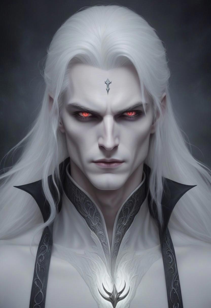 A pale vampire with an almost translucent complexion, his long, sleek white hair cascading down his shoulders. His sharp, aristocratic features are cold and menacing, and his eyes gleam with an eerie, predatory light. (((His left hand is replaced by a deadly, polished double hook,))) sharp and gleaming under the faint light, making him appear even more fearsome.