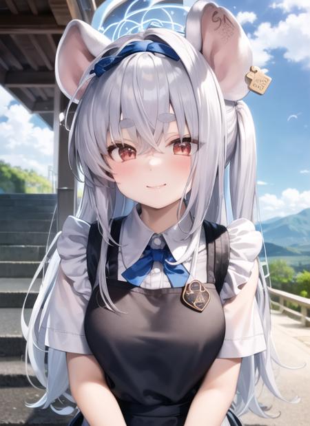 <lyco:saya1-000007:1.0>, sayarnd, upper body, smile, blush, outdoors, day, simple background, blue sky, sky, temple, looking at viewer, stairs, mountain, moody lighting, facing viewer, white headwear, black thighhighs, apron, maid headdress, maid outfit,